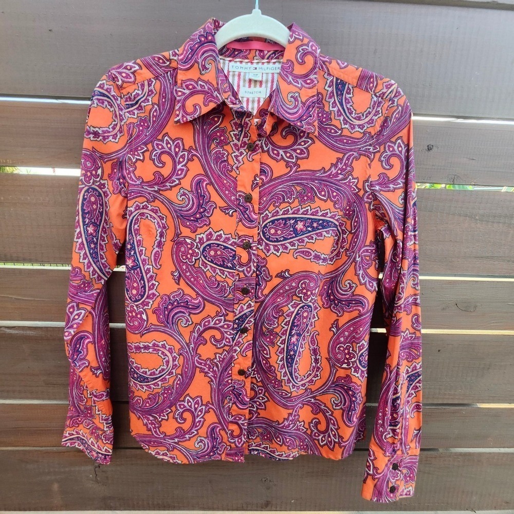 Vintage 2004 Tommy Hilfiger Paisley Button Down Shirt S Orange‎ Purple Retro Y2K